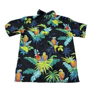 Mia's Shirt Mens Small Cayman Islands Parrot Tropical Hawaiian Black Button Down
